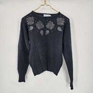 Vintage Lambswool Angora Black Cottagecore Goth Floral Pullover Size Small